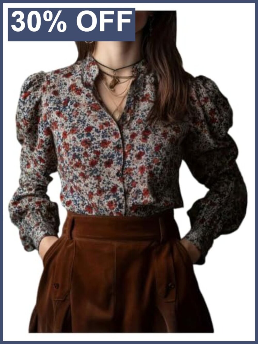 Women's Floral Long Sleeve Button Down Blouse Bishop Sleeve Stand Collar